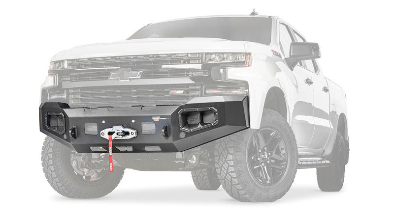 Warn Ascent Front Bumper for 2019-2021 Chevrolet Silverado 1500, ghost view showing the bumper with the vehicle faded out
