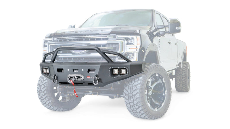 Warn Ascent HD Front Bumper with Prerunner Grille Guard for 2017-2021 Ford F-250/F-350 Super Duty, ghost view showing the bumper with the vehicle faded out