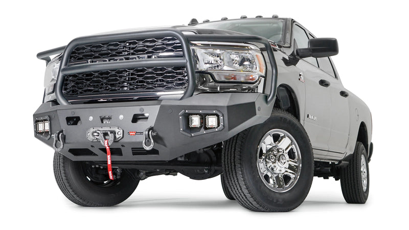 Warn Ascent HD Front Bumper with Full Grille Guard for 2019-2026 Ram 2500/3500/4500/5500, shown installed on the truck