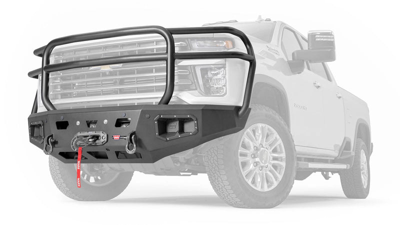 Warn Ascent HD Front Bumper with Full Grille Guard for 2020-2023 Chevrolet Silverado 2500/3500 HD, ghost view showing the bumper with the vehicle faded out