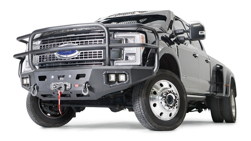 Warn Ascent HD Front Bumper with Full Grille Guard for 2017-2021 Ford F-450/F-550 Super Duty, shown installed on the truck