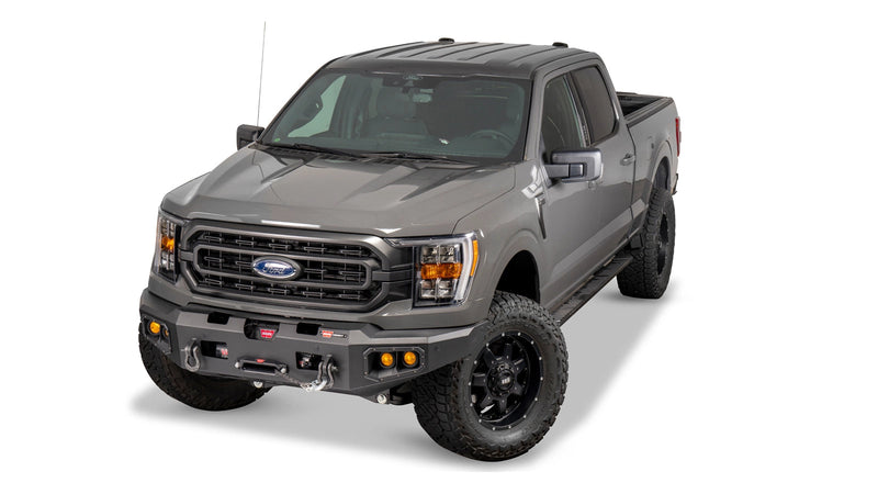 Warn Ascent Front Bumper for 2021-2023 Ford F-150, angled view on the truck
