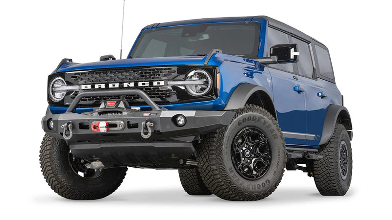 Warn Elite Front Bumper with Prerunner Grille Guard for 2021-2026 Ford Bronco, installed on a Ford Bronco, winch sold separately