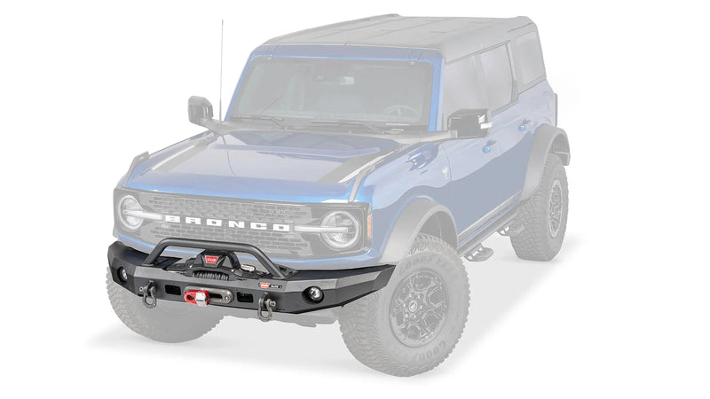 Warn Elite Front Bumper with Prerunner Grille Guard for 2021-2026 Ford Bronco, high-angle ghost view