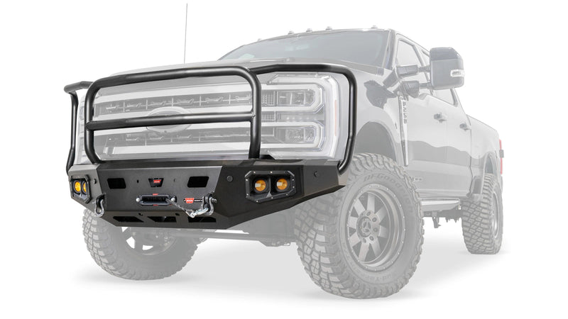 Warn Ascent HD Front Bumper with Full Grille Guard for 2023-2026 Ford F-250/F-350/F-450/F-550 Super Duty, ghost view showing the bumper with the vehicle faded out