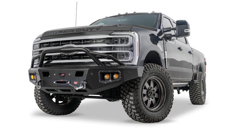 Warn Ascent HD Front Bumper with Prerunner Grille Guard for 2023-2026 Ford F-250/F-350/F-450/F-550 Super Duty, shown installed on the truck