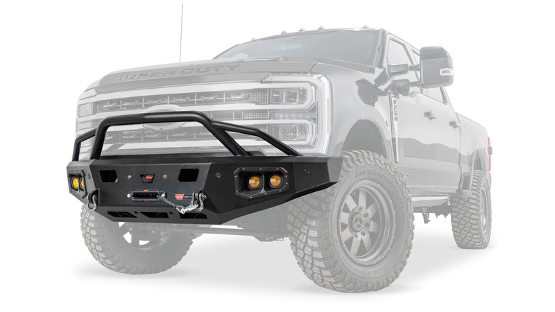 Warn Ascent HD Front Bumper with Prerunner Grille Guard for 2023-2026 Ford F-250/F-350/F-450/F-550 Super Duty, ghost view showing the bumper with the vehicle faded out