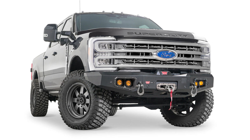 Warn Ascent Front Bumper for 2023-2026 Ford F-250/F-350/F-450/F-550 Super Duty, shown installed on the truck
