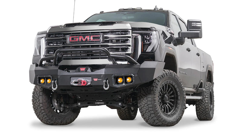 Warn Ascent Front Bumper with Prerunner Grille Guard for 2024-2026 GMC Sierra 2500/3500 HD, shown installed on the truck