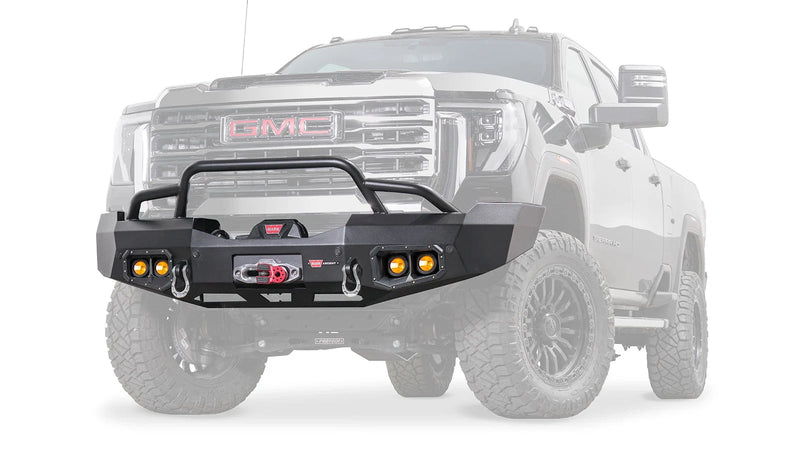 Warn Ascent Front Bumper with Prerunner Grille Guard for 2024-2026 GMC Sierra 2500/3500 HD, ghost view showing the bumper with the vehicle faded out