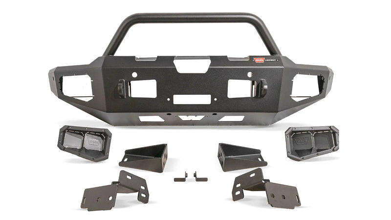 Warn Ascent Front Bumper with Prerunner Grille Guard for 2021-2023 Ford F-150, bumper, grille guard, light housings and mounting brackets laid out