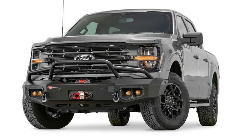 Warn Ascent Front Bumper with Prerunner Grille Guard for 2024-2025 Ford F-150, shown installed on the truck