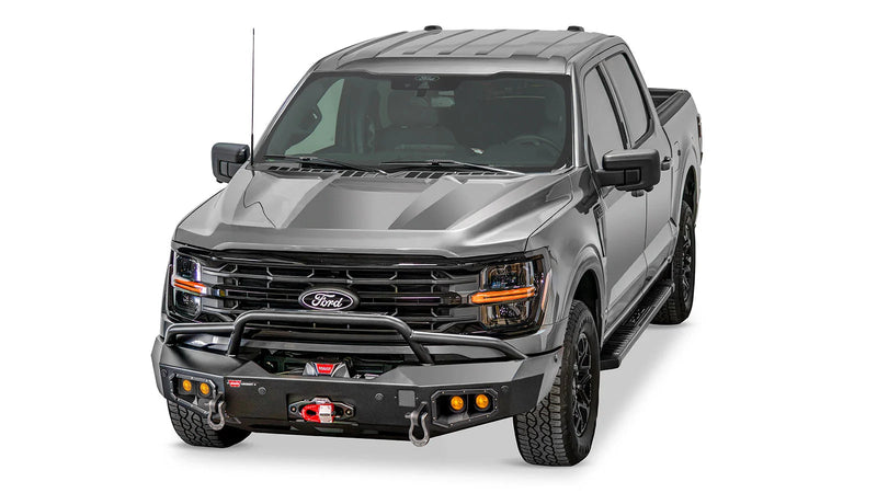 Warn Ascent Front Bumper with Prerunner Grille Guard for 2024-2025 Ford F-150, shown installed on the truck