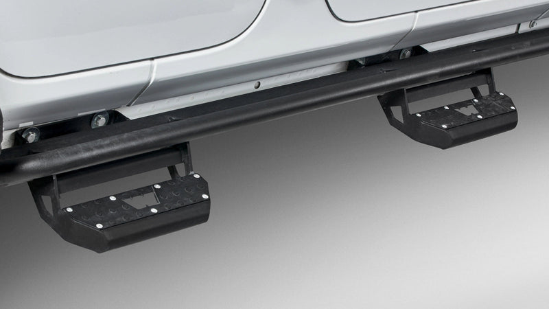 Warn Rock Sliders for 2019-2026 Jeep Wrangler 4-Door, shown with steps (sold separately) fitted