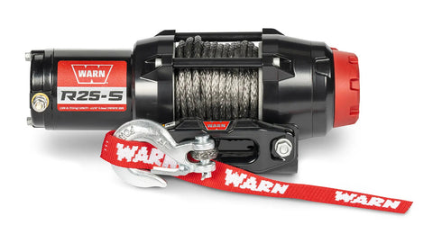 Warn R25-S powersports winch, front elevation on white, showing synthetic rope on the drum, the hawse fairlead and the hook with its red Warn strap