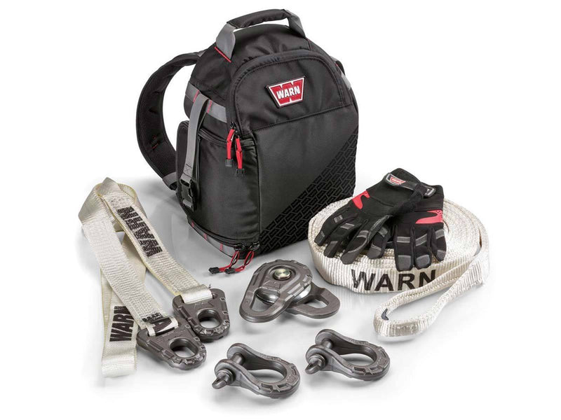 Warn Epic Recovery Kit Medium Duty contents: backpack, straps, snatch block, shackles and gloves