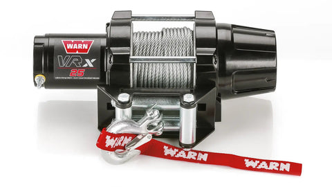 Warn VRX 25 powersports winch, front elevation on white, showing steel wire rope on the drum, the roller fairlead and the hook with its red Warn strap