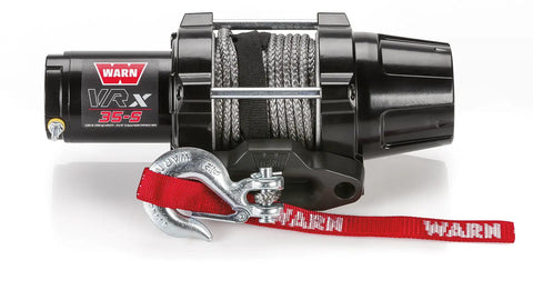 Warn VRX 35-S powersports winch, front elevation on white, showing synthetic rope on the drum, the hawse fairlead and the hook with its red Warn strap