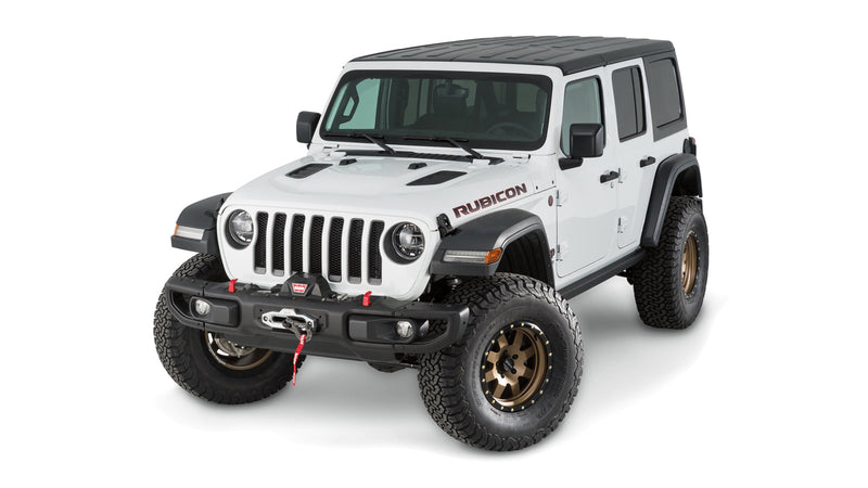 Warn Winch Mounting Plate for 2020-2026 Jeep Gladiator / 2018-2026 Jeep Wrangler, shown on a Jeep Wrangler with the winch mounted behind the factory bumper