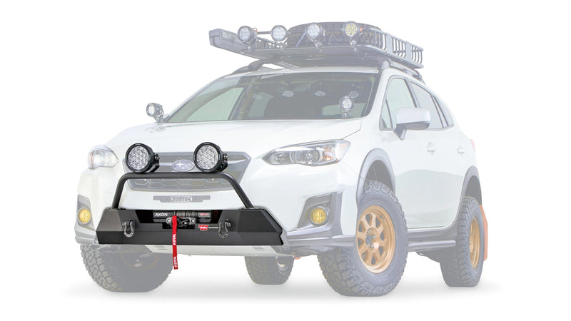 Warn Semi-Hidden Winch Mount and Grille Guard Tube on a 2018-2023 Subaru Crosstrek, ghost view with the vehicle faded out and lights fitted