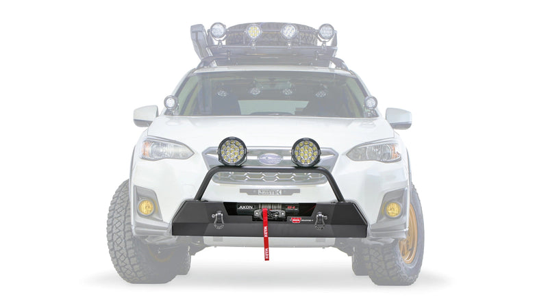 Warn Semi-Hidden Winch Mount and Grille Guard Tube on a 2018-2023 Subaru Crosstrek, ghost view with the vehicle faded out and lights fitted