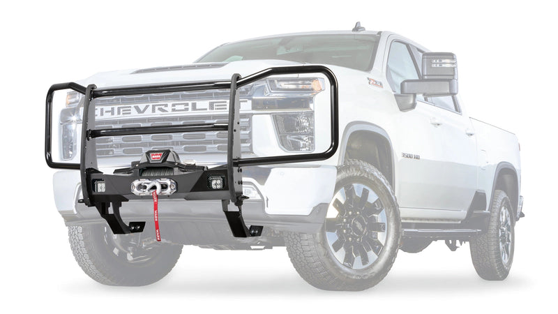 Warn Trans4mer Gen III Full Grille Guard Kit for 2020-2026 Chevrolet Silverado 2500/3500 HD, ghost view with the vehicle faded out