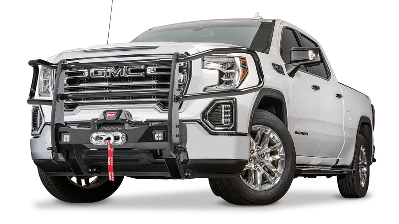 Warn Trans4mer Gen III Headlight Guard Kit for 2022-2026 Chevrolet Silverado 1500 / 2022-2026 GMC Sierra 1500, shown on a GMC Sierra 1500 as part of a Trans4mer setup with winch carrier and grille guard
