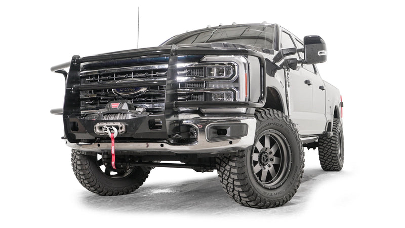 Warn Trans4mer Gen III Full Grille Guard with Headlamp Guards for 2023-2026 Ford F-250/F-350/F-450/F-550 Super Duty, shown installed on the vehicle