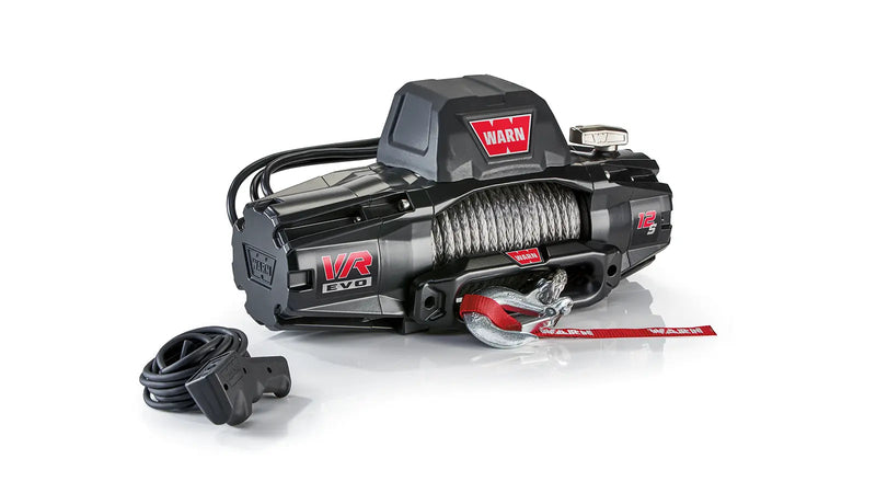 Warn VR EVO 12-S Winch with synthetic rope, angled view with remote