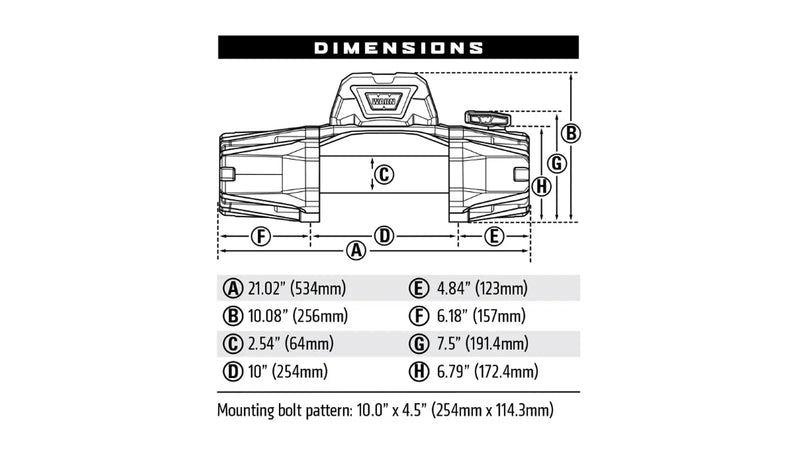 Warn VR EVO 12-S Winch dimension drawing with mounting bolt pattern