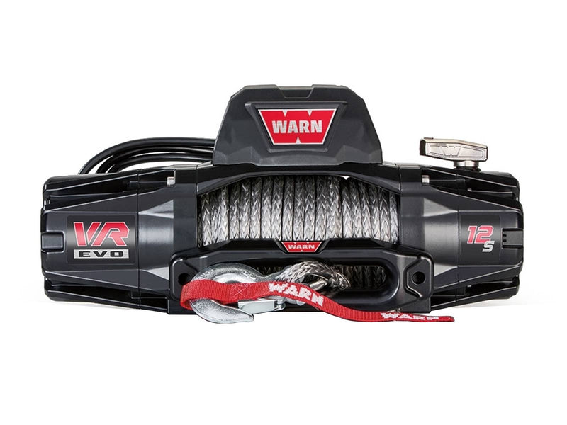 Warn VR EVO 12-S Winch with synthetic rope, studio view with remote