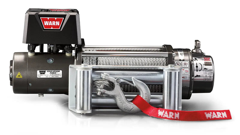 Warn XD9000 Winch with steel wire rope, front view