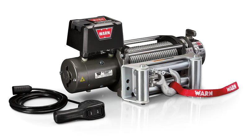 Warn XD9000 Winch with steel wire rope, angled view with remote