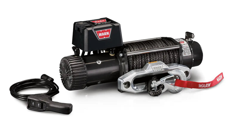 Warn 9.5XP-S Winch with synthetic rope, angled view with remote