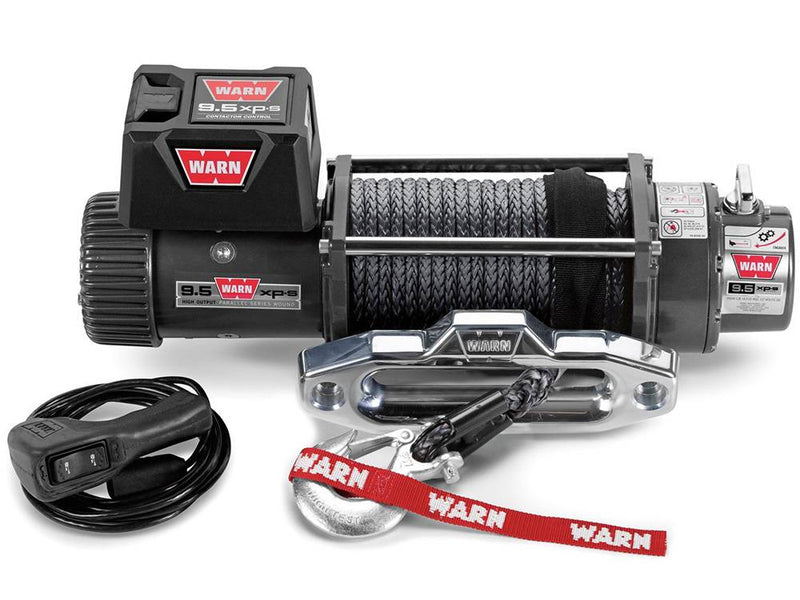 Warn 9.5XP-S Winch with synthetic rope, studio view with remote