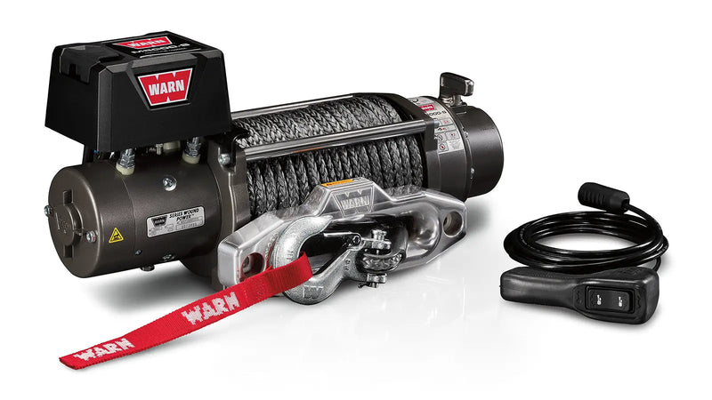 Warn M8-S Winch with synthetic rope, angled view with remote