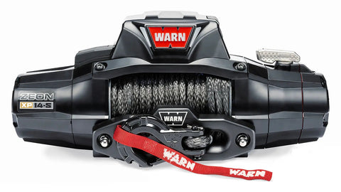 Warn ZEON XP 14-S winch, front studio view with Spydura Pro synthetic rope spooled, Epic hook and red hook strap fitted