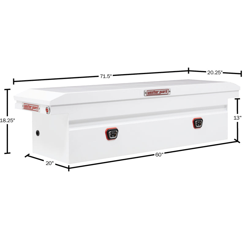 Weather Guard 120-3-04 crossover saddle box in brite white, dimensional line drawing with the overall length, width and height called out