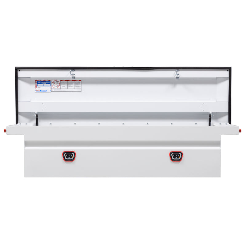 Weather Guard 120-3-04 crossover saddle box in brite white, straight-on front view with the lid open, showing the full interior