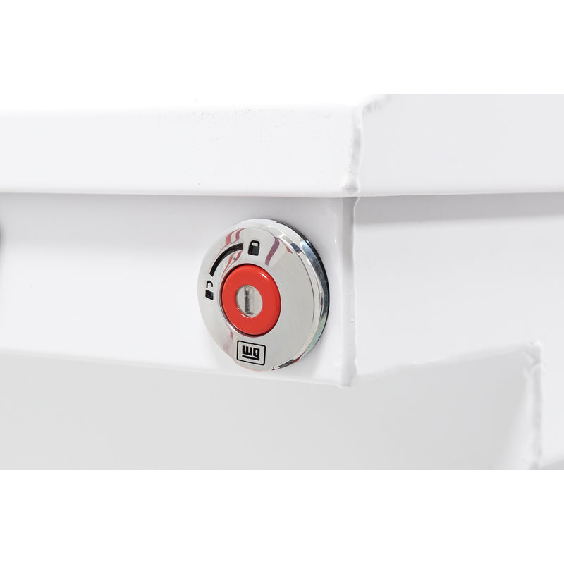 Weather Guard 120-3-04 crossover saddle box in brite white, close-up of the red push-button lock and Weather Guard badge