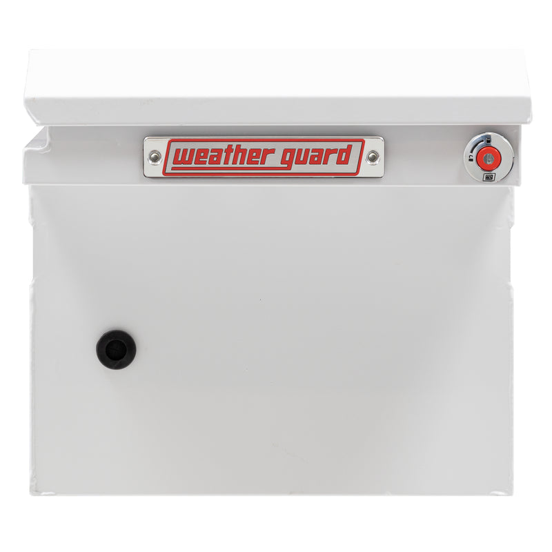 Weather Guard 120-3-04 crossover saddle box in brite white, side profile showing the body depth and the bed-rail notch