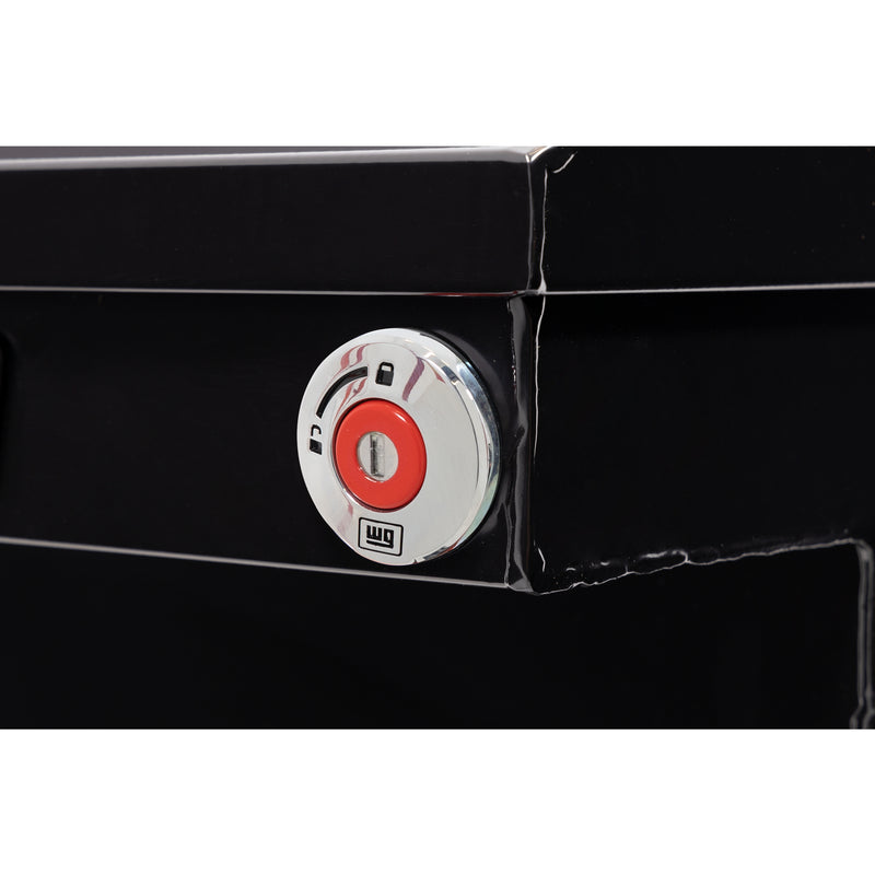 Weather Guard 120-5-04 crossover saddle box in gloss black, close-up of the red push-button lock and Weather Guard badge