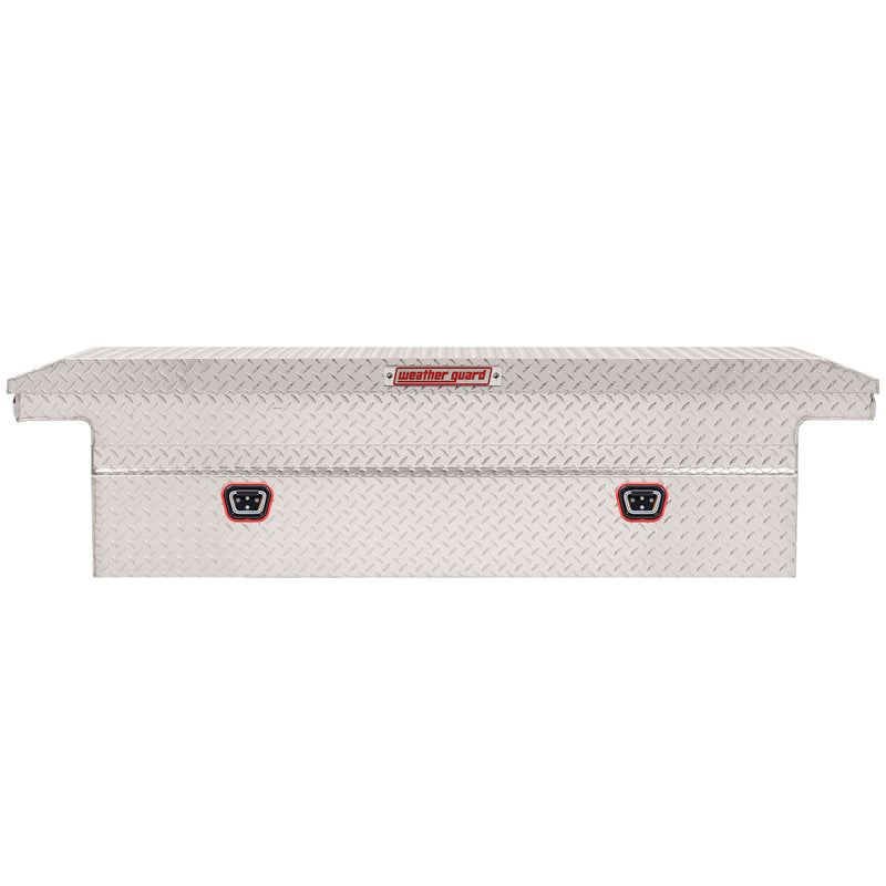 Weather Guard 121-0-04 crossover saddle box in bright aluminum diamond plate, straight-on front elevation with the lid closed