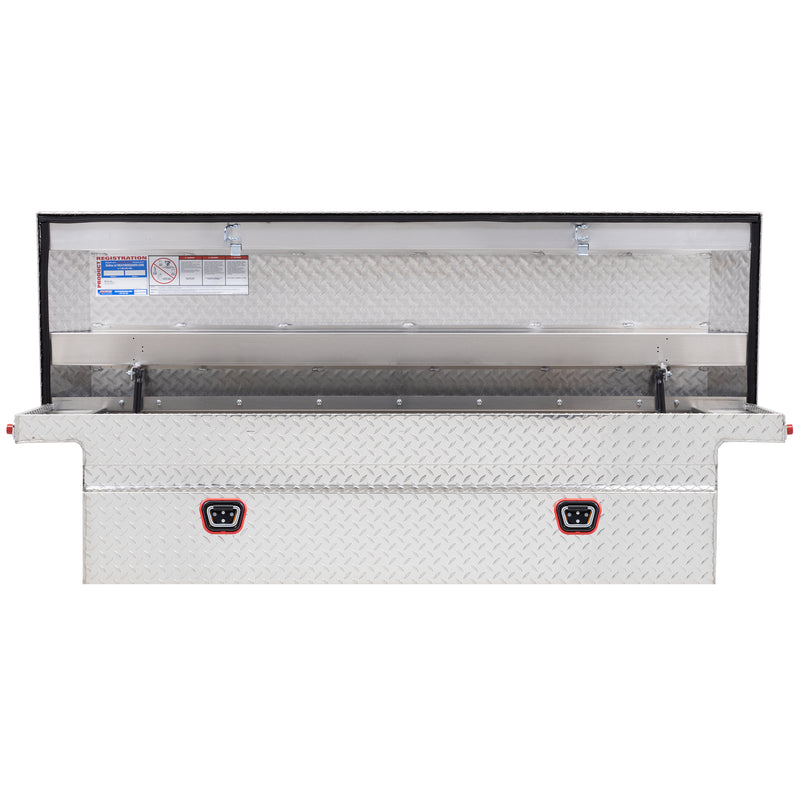 Weather Guard 121-0-04 crossover saddle box in bright aluminum diamond plate, straight-on front view with the lid open, showing the full interior