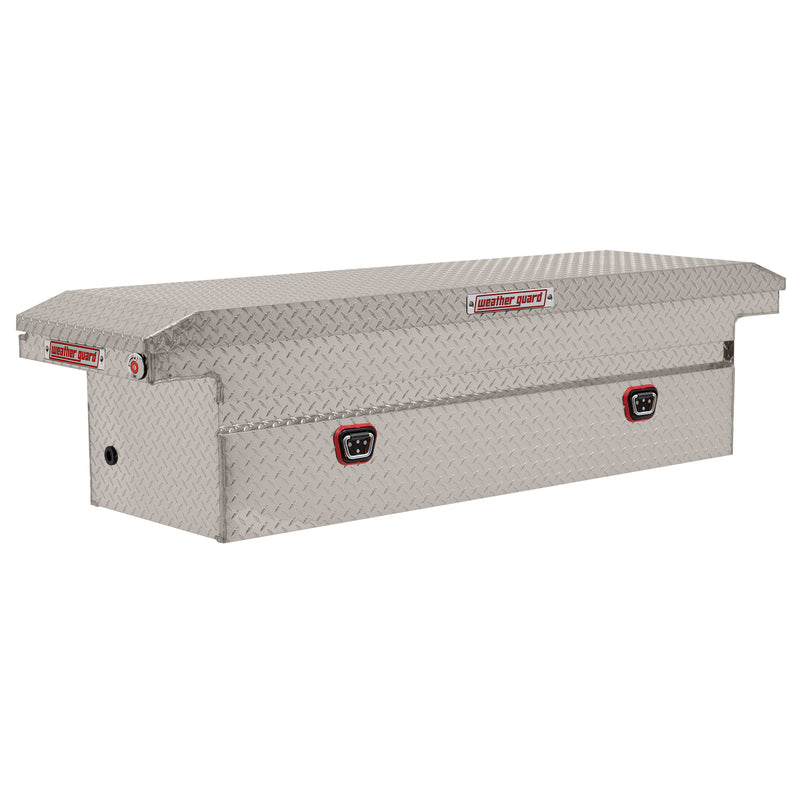 Weather Guard 121-0-04 crossover saddle box in bright aluminum diamond plate, front three-quarter studio view with the lid closed