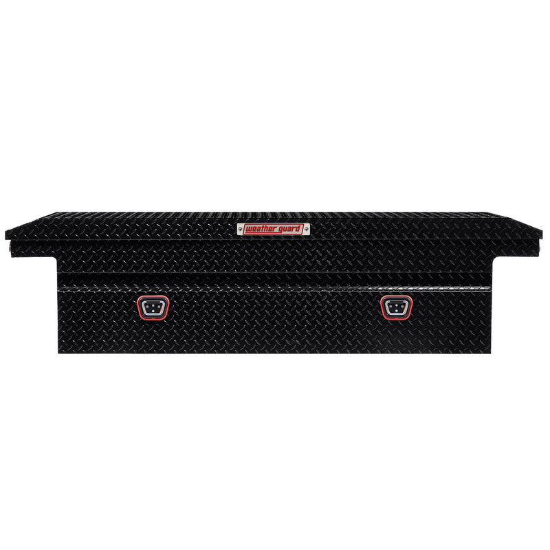 Weather Guard 121-5-04 crossover saddle box in gloss black, straight-on front elevation with the lid closed