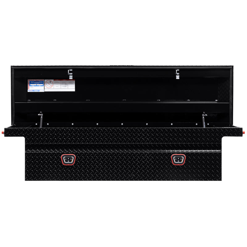 Weather Guard 121-5-04 crossover saddle box in gloss black, straight-on front view with the lid open, showing the full interior