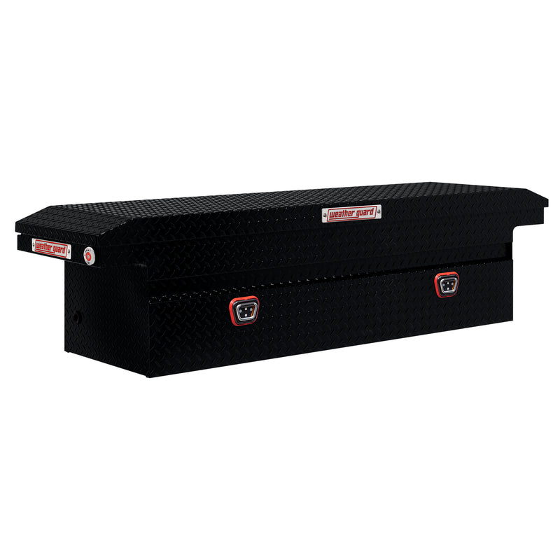 Weather Guard 121-5-04 crossover saddle box in gloss black, front three-quarter studio view with the lid closed