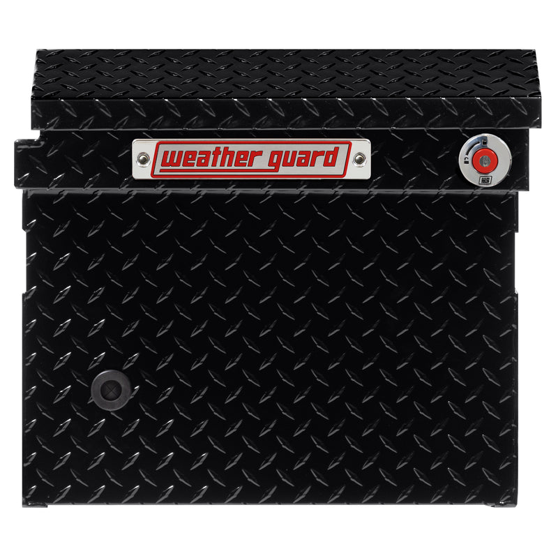 Weather Guard 121-5-04 crossover saddle box in gloss black, side profile showing the body depth and the bed-rail notch