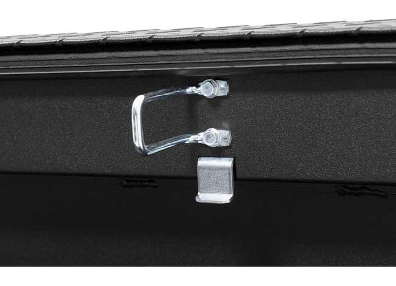 Weather Guard 121-52-03 aluminum crossover saddle truck tool box in matte black, tie-down buckle detail